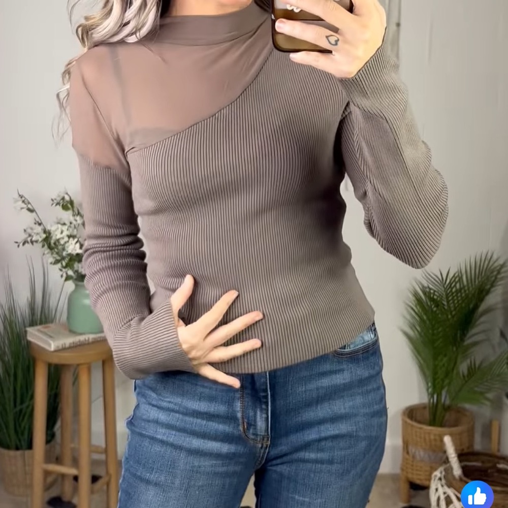 Tan Mock Neck Long Sleeve Asymmetrical Blouse